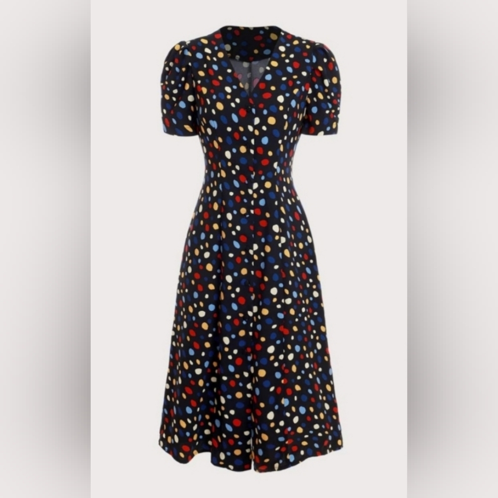 Rihoas Polka Dot Midi Dress Slim Tie Back XL Button Front Fit Flare Black S/S - Picture 2 of 11
